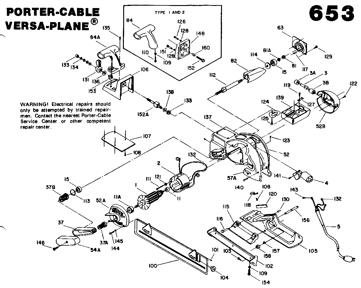 Default Diagram and Parts List for 9652 Type 3 Porter Cable Planer Jointer